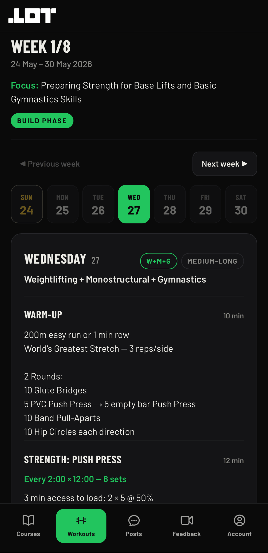 Workouts tab — Week 1 of 8